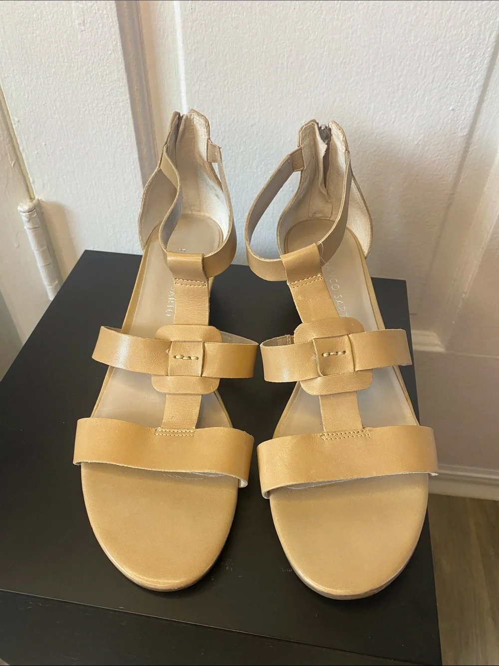 Franco‎ Sarto Beige Leather Strappy Wedge Sandals Ankle Strap Zipper 9